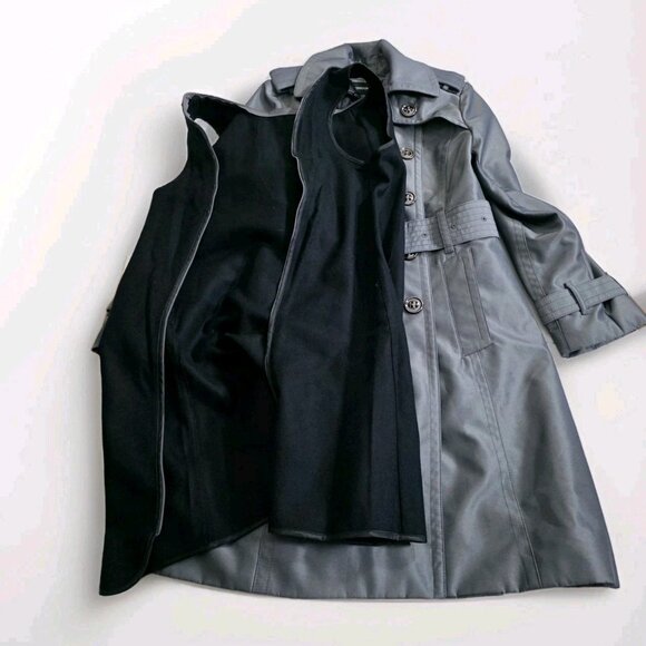 London Fog Trench Coat Womens PS Gray Metallic Pockets Belt Buttons Detach Liner - Picture 10 of 16